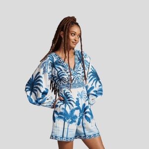 FARM Rio Blue and White Palm Print Romper